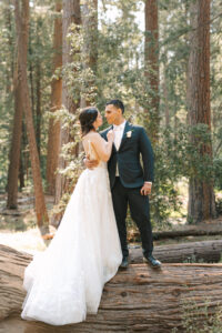 Bride and Groom snuggling while standing on a fallen tree trunk