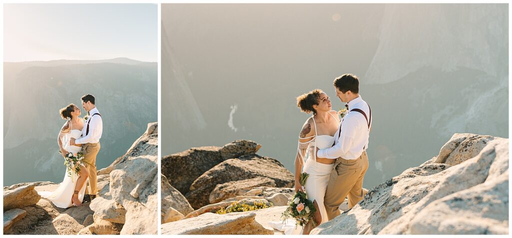 A couple stands together on the rocky edge of Taft Point in Yosemite, surrounded by golden light as they share a quiet moment overlooking the vast valley below.