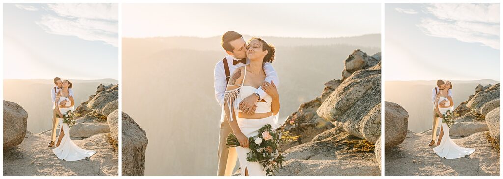 A couple stands on a rocky ledge at Taft Point, Yosemite, sharing a kiss as the groom holds the bride from behind, the soft sunlight creating a romantic glow around them.