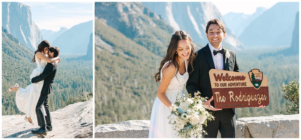 Bride and groom embracing with a custom adventure-themed sign at Tunnel View, Yosemite National Park