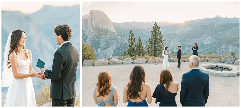 Couple reading vows to each other at Glacier Point Amphitheater in Yosemite, with family watching