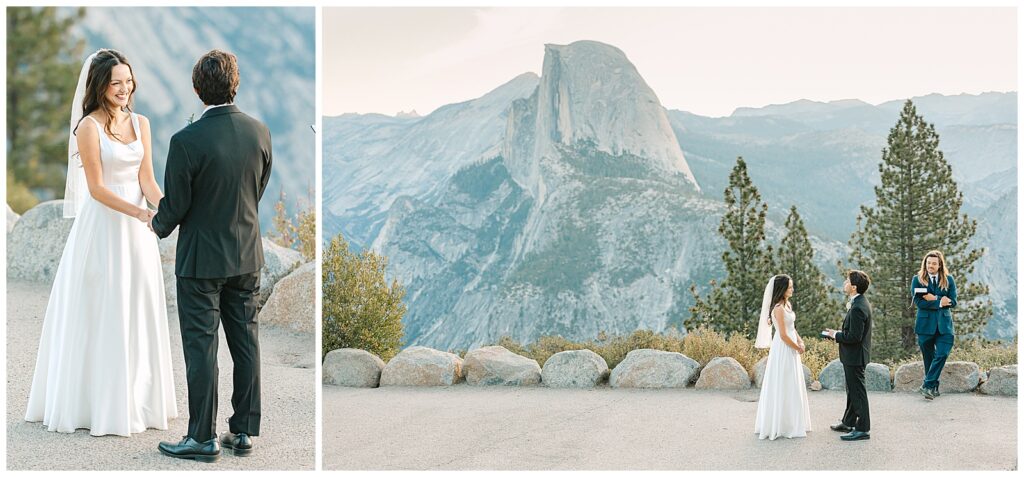 Bride and groom standing together during their wedding ceremony at Glacier Point, Yosemite, with Half Dome in the background"