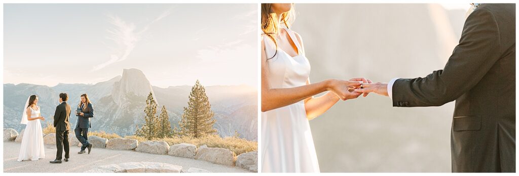 Bride placing ring on groom's finger during wedding ceremony at Glacier Point, Yosemite