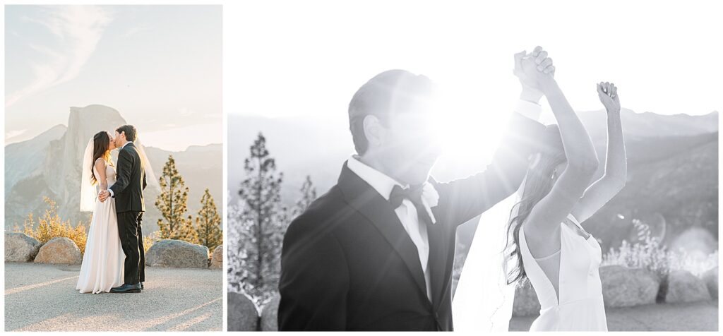 Couple's first kiss at Glacier Point Amphitheater in Yosemite, with sun rays creating a romantic glow