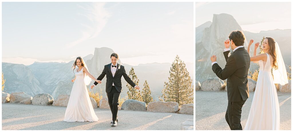 Couple celebrating their wedding at Glacier Point in Yosemite, dancing in the style of 'The Office' episode to Chris Brown’s 'Forever'