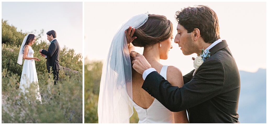 Groom surprises his bride with a necklace during their first look at glacier point