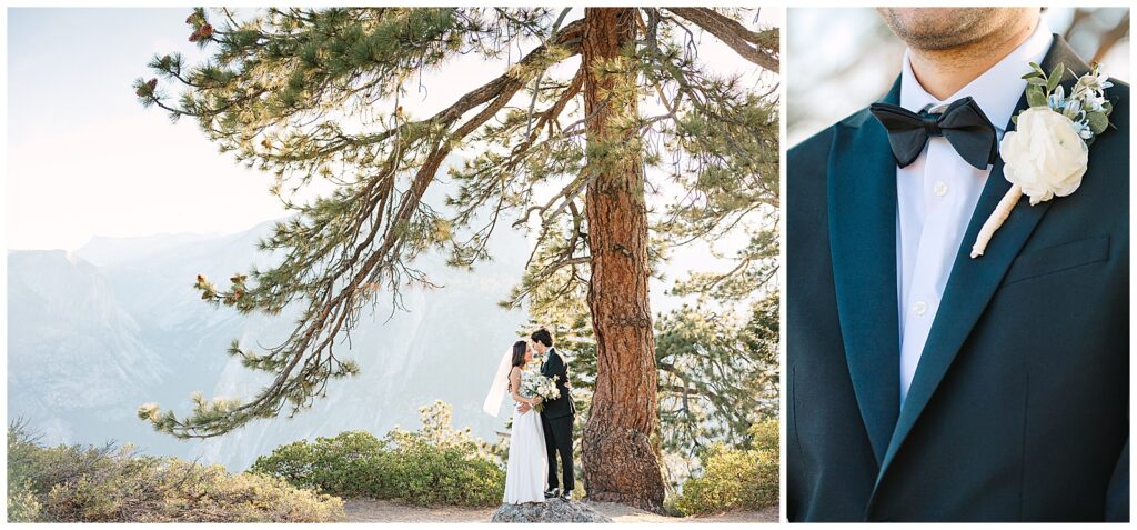 Bride and groom standing under a large pine tree sharing an intimate moment, with a close-up of the groom's boutonniere.