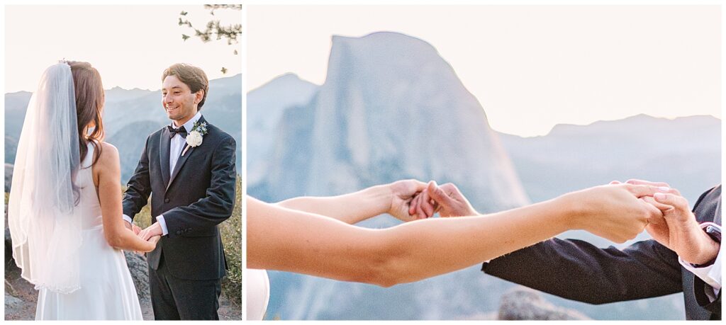 Couple exchanging loving gaze and holding hands at Glacier Point Amphitheater, Yosemite