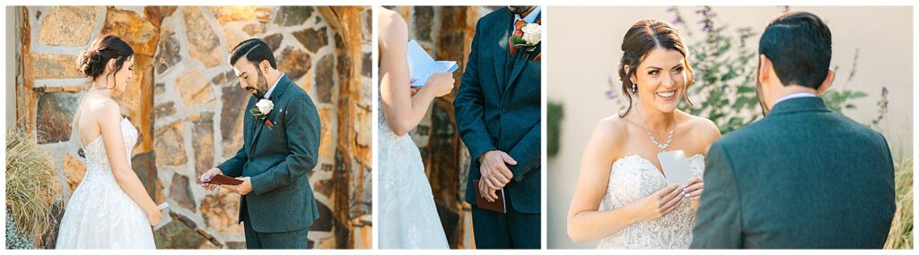 bride and groom reading their vows in private before they have their wedding ceremony with their friends and family while the bride tears up from her sweet soon to be husbands words