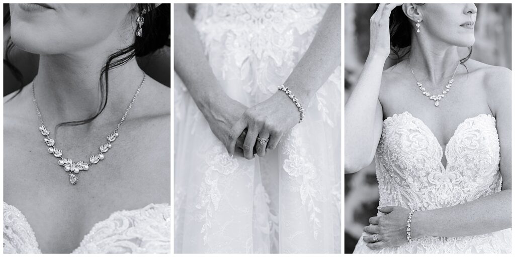 bride in black and white with close ups on her jewelry, wedding band, earrings, bracelet and necklace