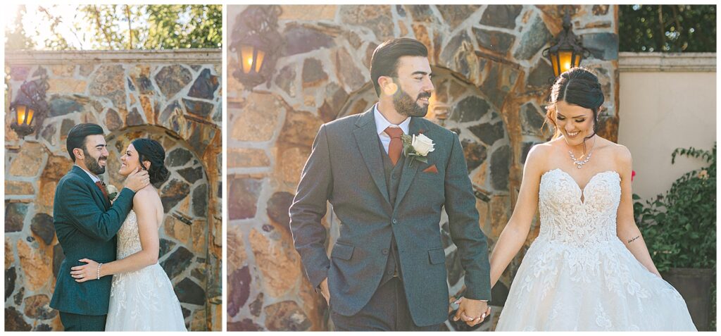 bride and groom wlaking hand in hand while the sun glows before their wedding ceremony at wolf lakes park