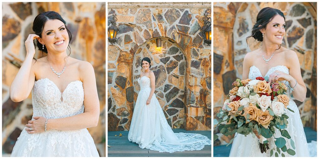 bridal portraits of a stunning bride in front of a brick wall on a beautiful fall day as the sun cascades into the camera frame while she plays with her wedding bouquet