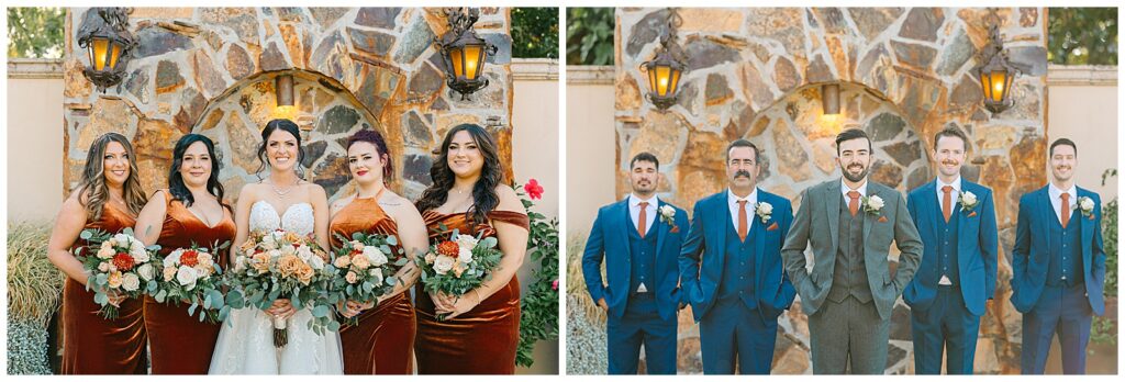 bride with hers bridesmaids and a groom with his groomsmen posing in front of a brick wall on their wedding day