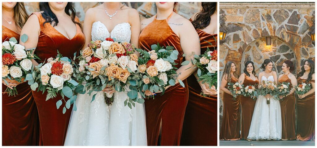 up close details of the bride and her bridesmaids holding their wedding bouquets with vibrant orange and red florals with stunning greenery