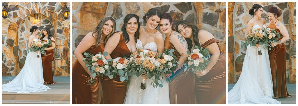 bride and her bridesmaids snuggling and sharing a big group hug on her wedding day at wolf lakes park