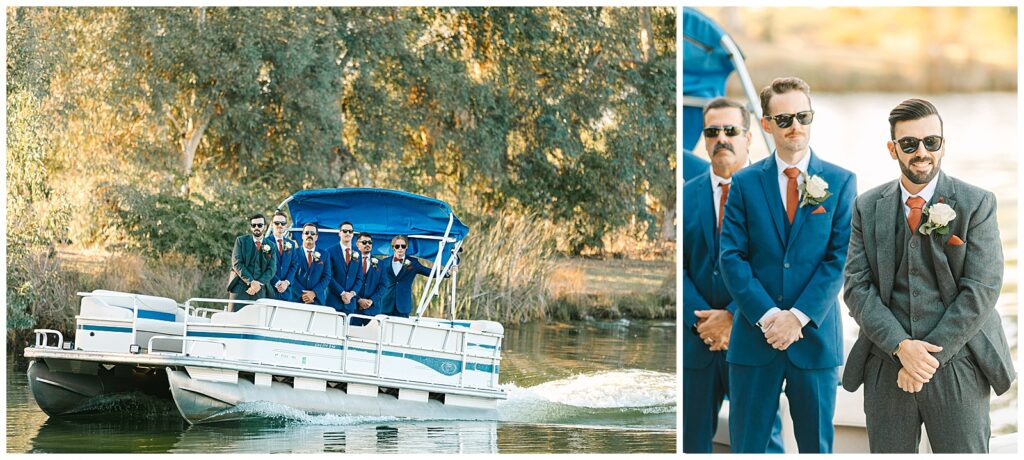 groom and his groomsmen arriving via boat for the lakeside wedding ceremony at wolf lakes park