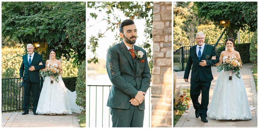 bride walking down the aisle to her groom who is smiling at her for their ceremony with friends and family