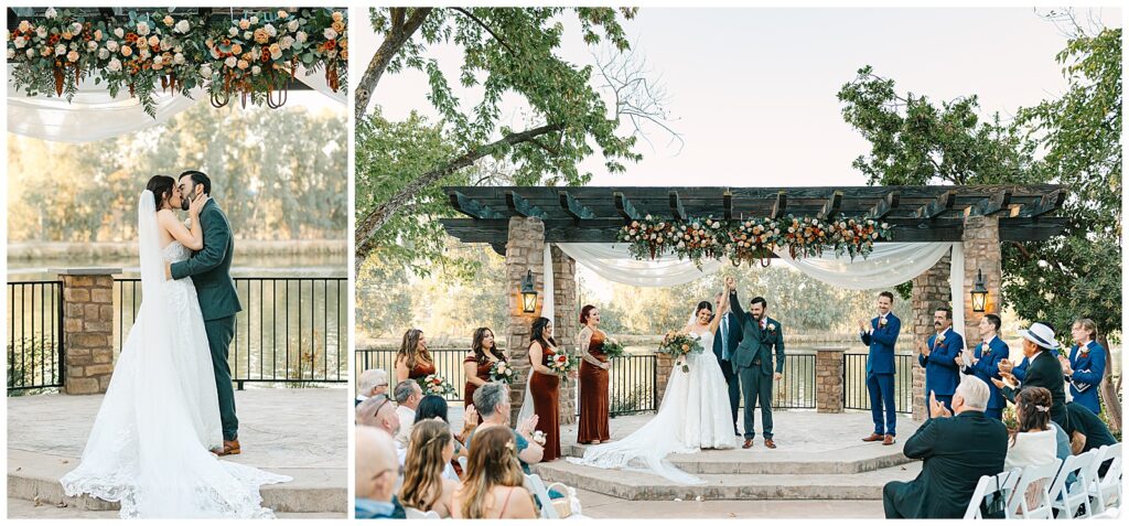 First kiss and celebration! They are mr and mrs and cheer while friends and family watch