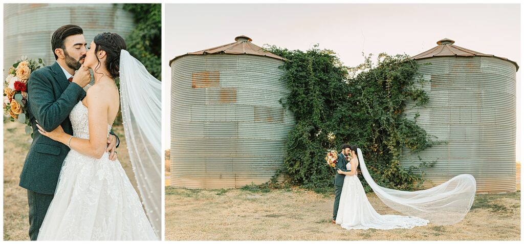 bride and groom snuggling in front of the silos outside wolf lakes park with her veil blowing in the wind