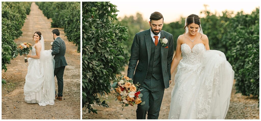 bride and groom walking hand in hand in a vineyard during sunset portraits while the groom carries the brides orange and red bridal bouquet