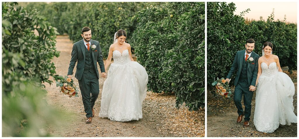 bride and groom walking in a vineyard during their sunset portraits while they take a break from the craziness of their wedding day