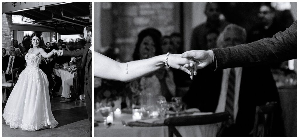 Black and white, up close detail of the groom holding the brides hand during their first dance at wolf lakes park