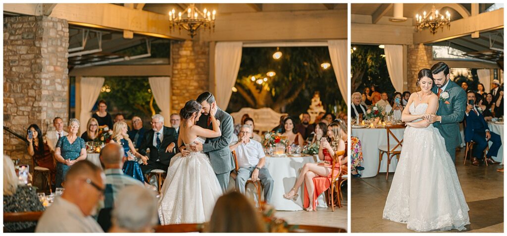 couples first dance as they snuggle under the stars at wolf lakes park weddings while their friends and family watch on