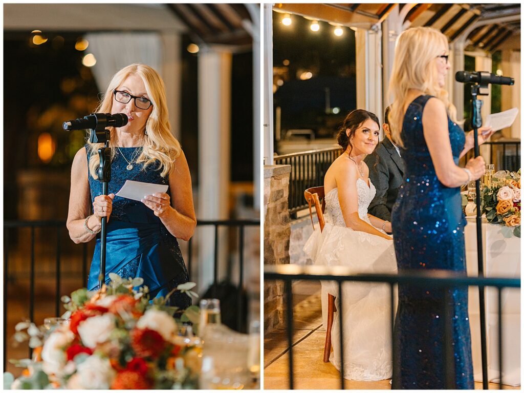 brides mom giving a teary eyed toast during dinner