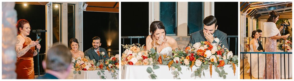 bride and groom laughing at the maid of honors toast during the wedding reception