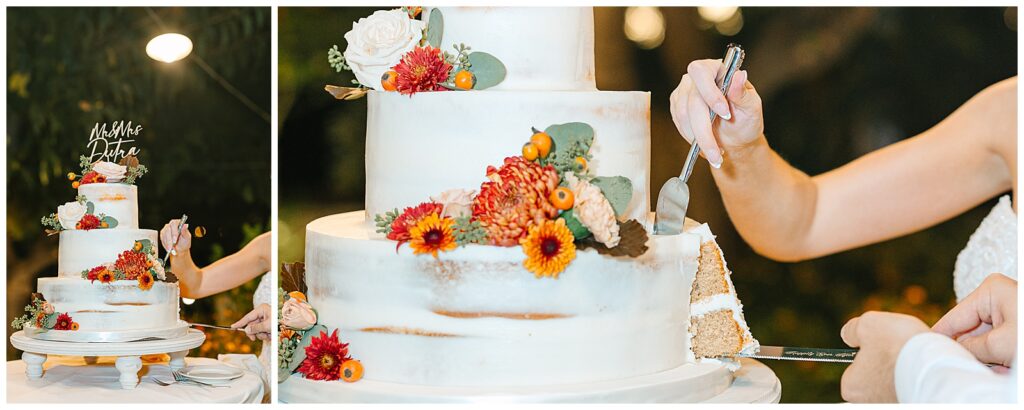 cake cutting details upclose of the white naked cake with orange, white, and red flowers