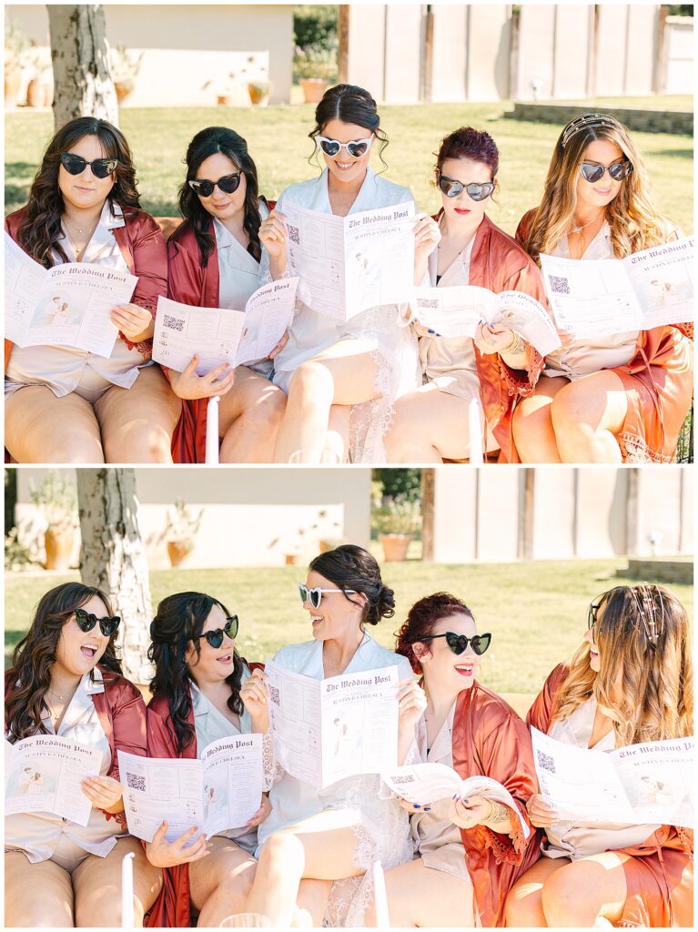 Bride and her bridesmaids hanging out before the wedding ceremony reading the couples wedding newspaper on a couch outside