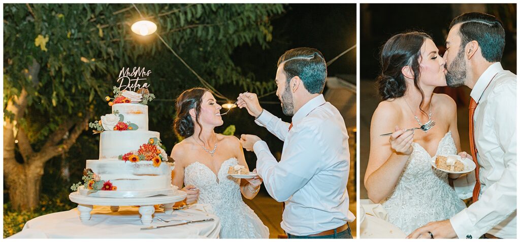 bride and groom sharing a bride of cake and a kiss after cutting the cake