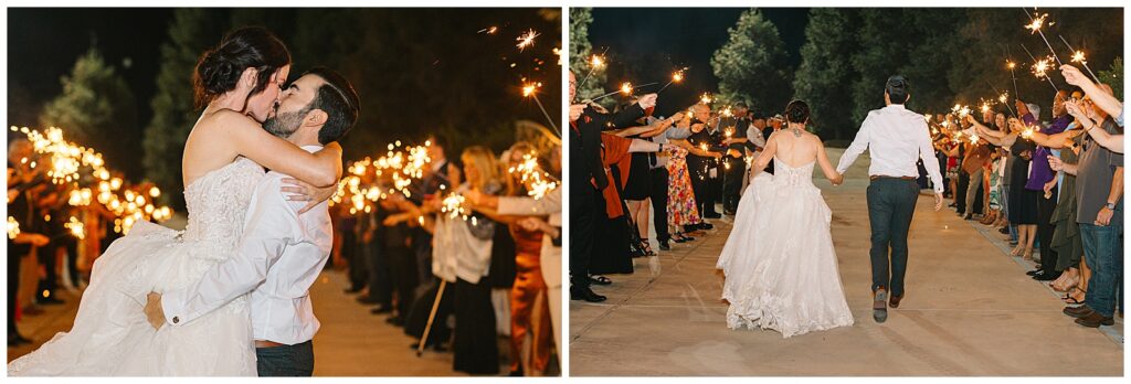 bride and groom running through their sparkler exit at the wedding at wolf lakes park