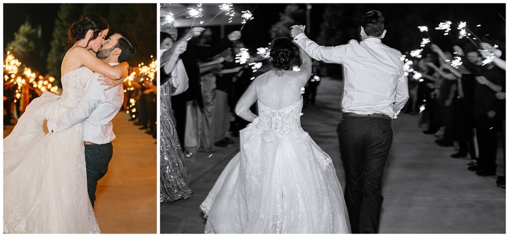 black and white image of bride and groom during their sparkler exit