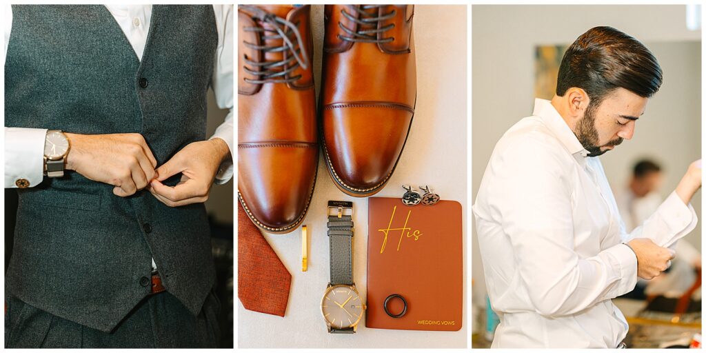 Groom getting ready with focus on his details, cufflinks, watch, tie, shows, vow book