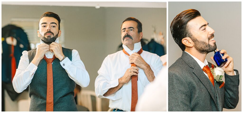 Groom and father getting ready putting on their ties in the mirror before the wedding ceremony