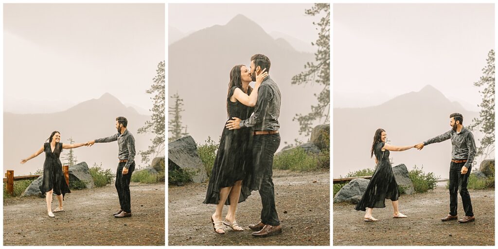 Couple dancing in the rain during their glacier point proposal session in Yosemite. Bride is wearing a black dress and groom is in gray and black.