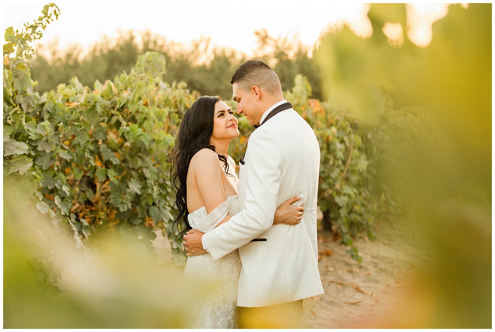 bride and groom rubbing their noses together while smiling in a vineyard at sunset