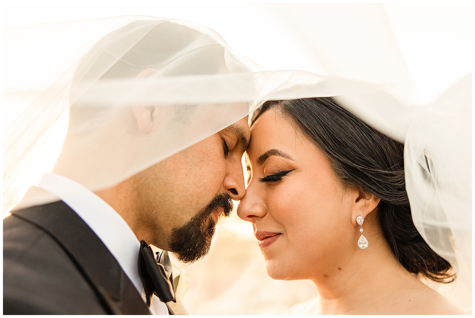 bride and groom nuzzling under wedding veil