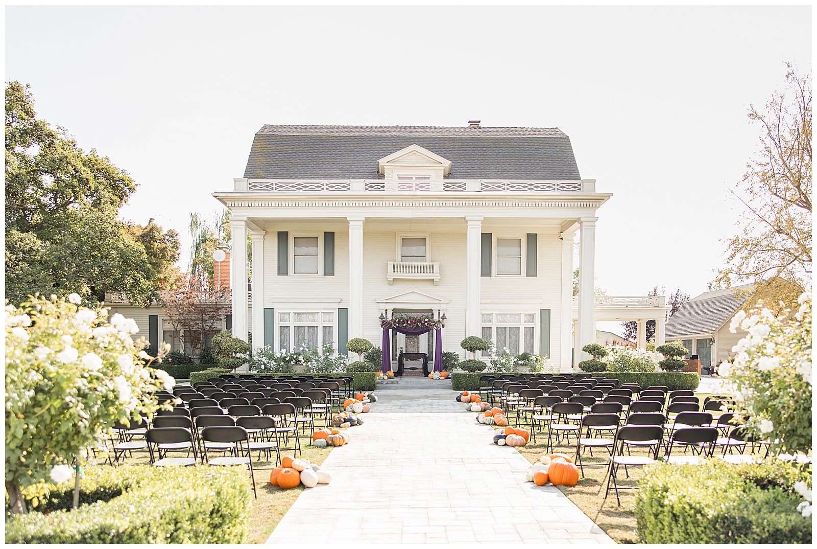 the manor estate wedding venue in madera, ceremony set up with pumpkins
