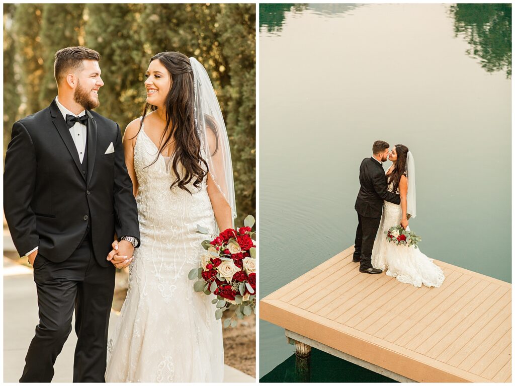 wedding couple smiling at each other while walking, bride and groom posed nose to nose on lake dock