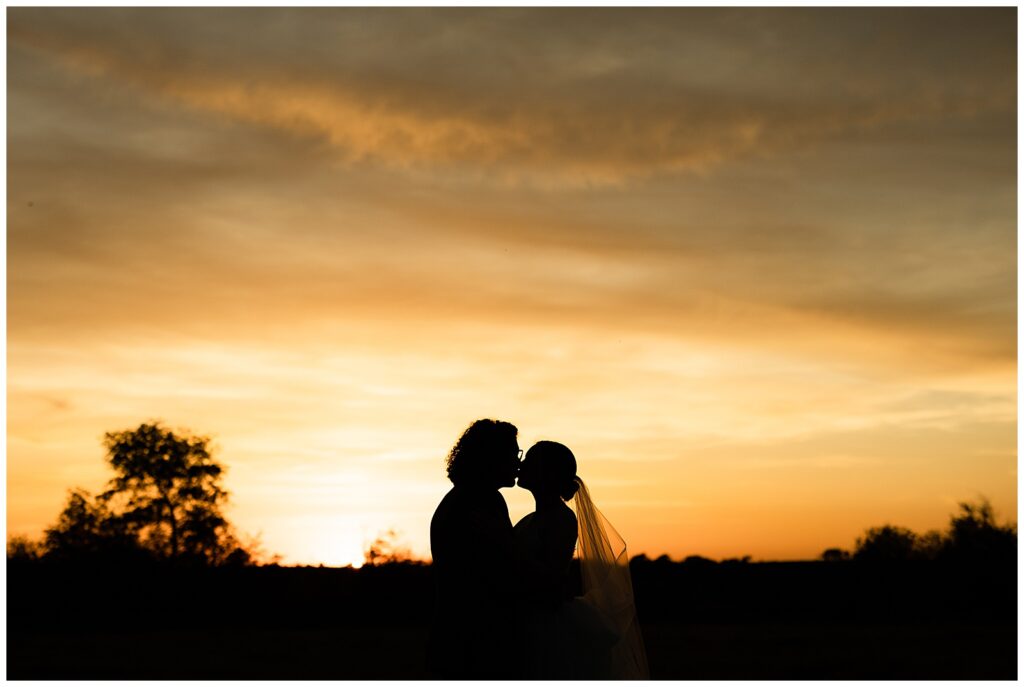 Silhouette of bride and groom during sunset hour, kissing with the wind blowing the veil 