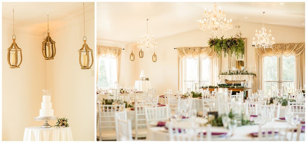 reception details of hidden hollow wedding venue. Tavbe settings with white chairs, and greenery florals all around. 