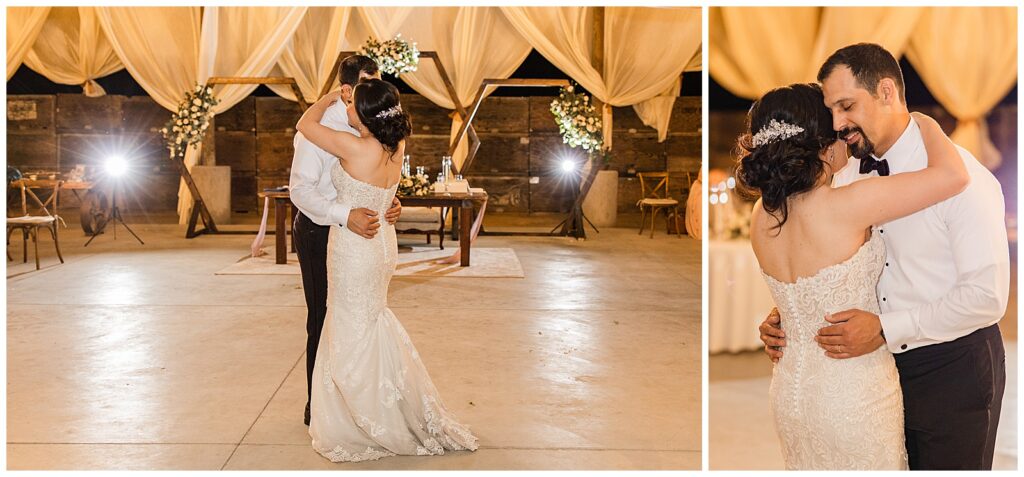 bride and groom sharing a first dance at their rustic wedding reception