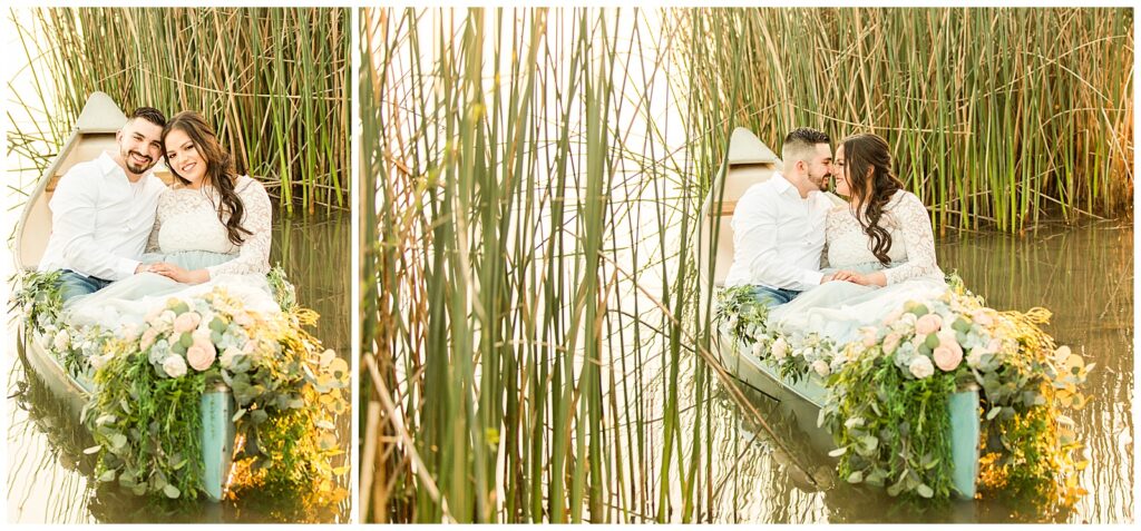 couple snuggling in a canoe covered in moss and roses