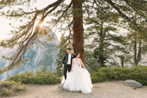 bride and groom standing on a rock looking away from each other in front of a large sequoia tree on their wedding day