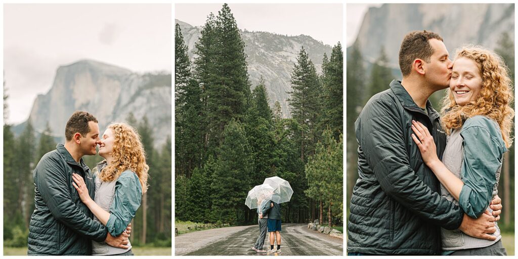 Couple snuggling in the rain in Yosemite National Park holding clear umbrellas while walking in the road