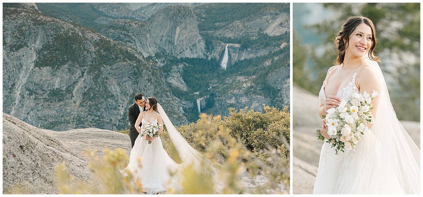 Bride and groom sharing an intimate moment with stunning mountain views and waterfalls in the background during their elopement