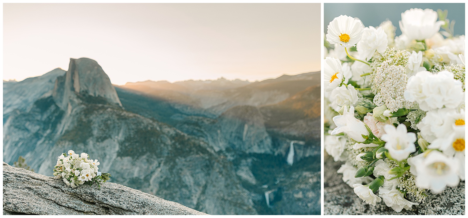 Bridal bouquet resting on a rock with Half Dome in the background