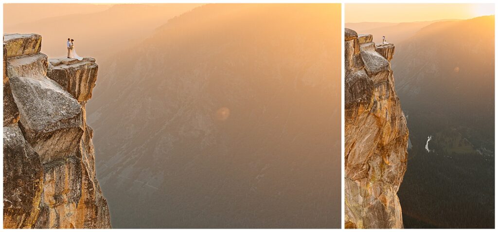 A couple embracing at sunset on Taft Point, overlooking the breathtaking Yosemite Valley, with a warm glow surrounding them, while managing the presence of Yosemite crowds.